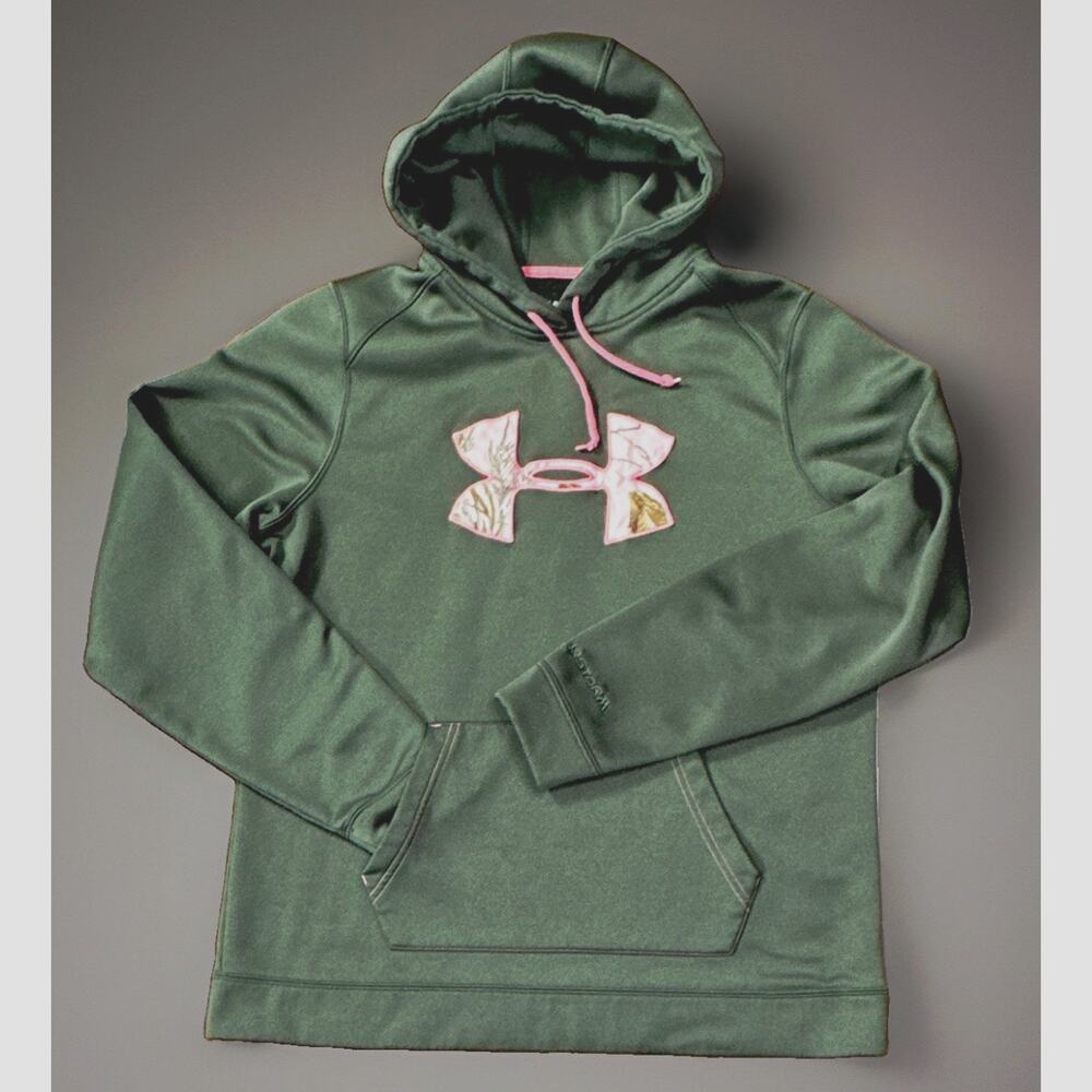 Under Armour Women’s XL ColdGear Storm Hoodie Gray Pink Camo Logo Pullover